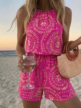Pink Boho Women's Floral Print Drawstring Tie Romper